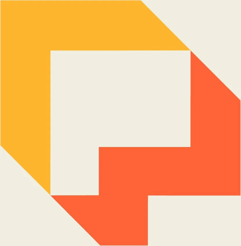 Abstract geometric design featuring an orange arrow pointing left, a red arrow pointing down, and a yellow arrow pointing up, arranged with a cream-colored background.