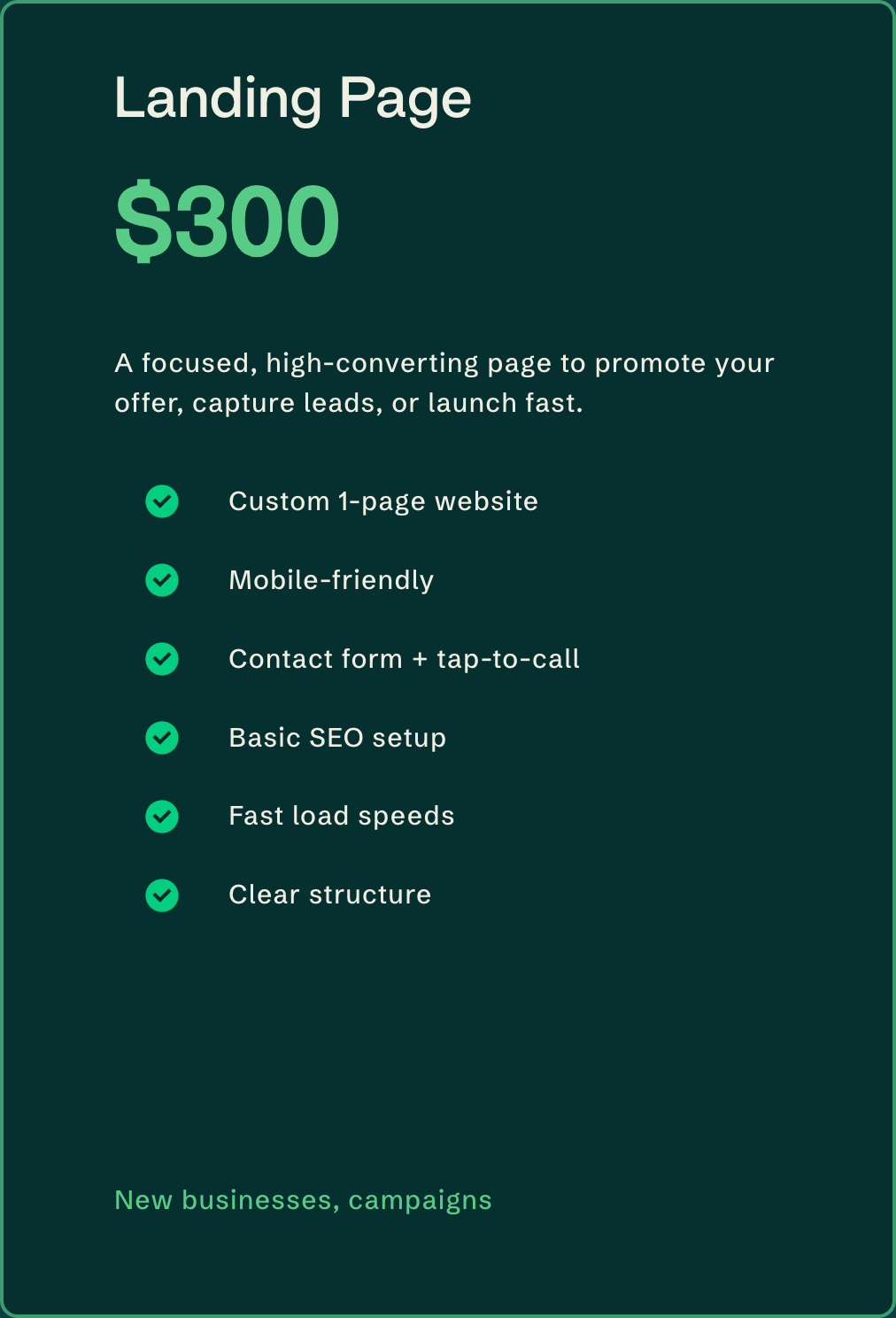 A digital marketing agency landing page offers a focused, high-converting page for $300, featuring a custom 1-page website, mobile-friendly design, contact form plus tap-to-call, basic SEO setup, fast load speeds, and clear structure, targeting new businesses and campaigns.