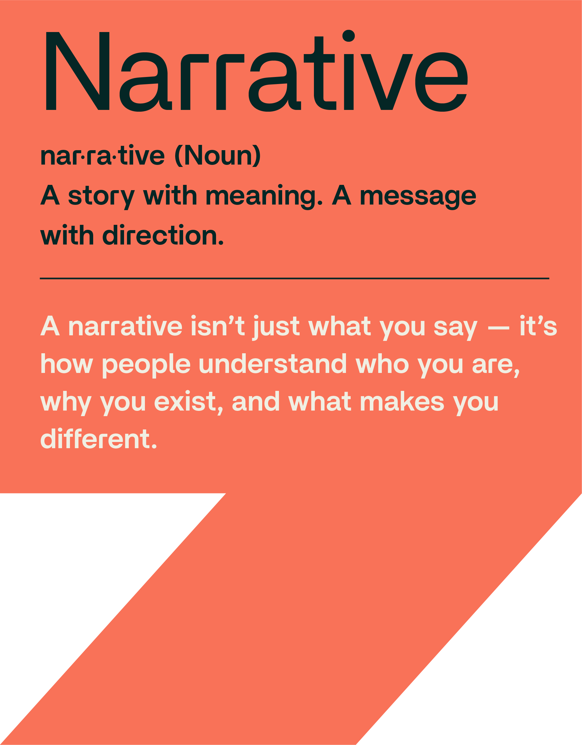 A graphic poster explaining the meaning of narrative, with a bold title at the top and descriptive text below, on a coral background with black geometric shapes.