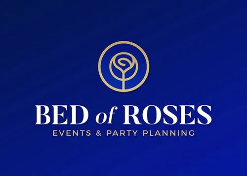 Logo for Bed of Roses Events & Party Planning, featuring a gold rose circle icon on a blue background.