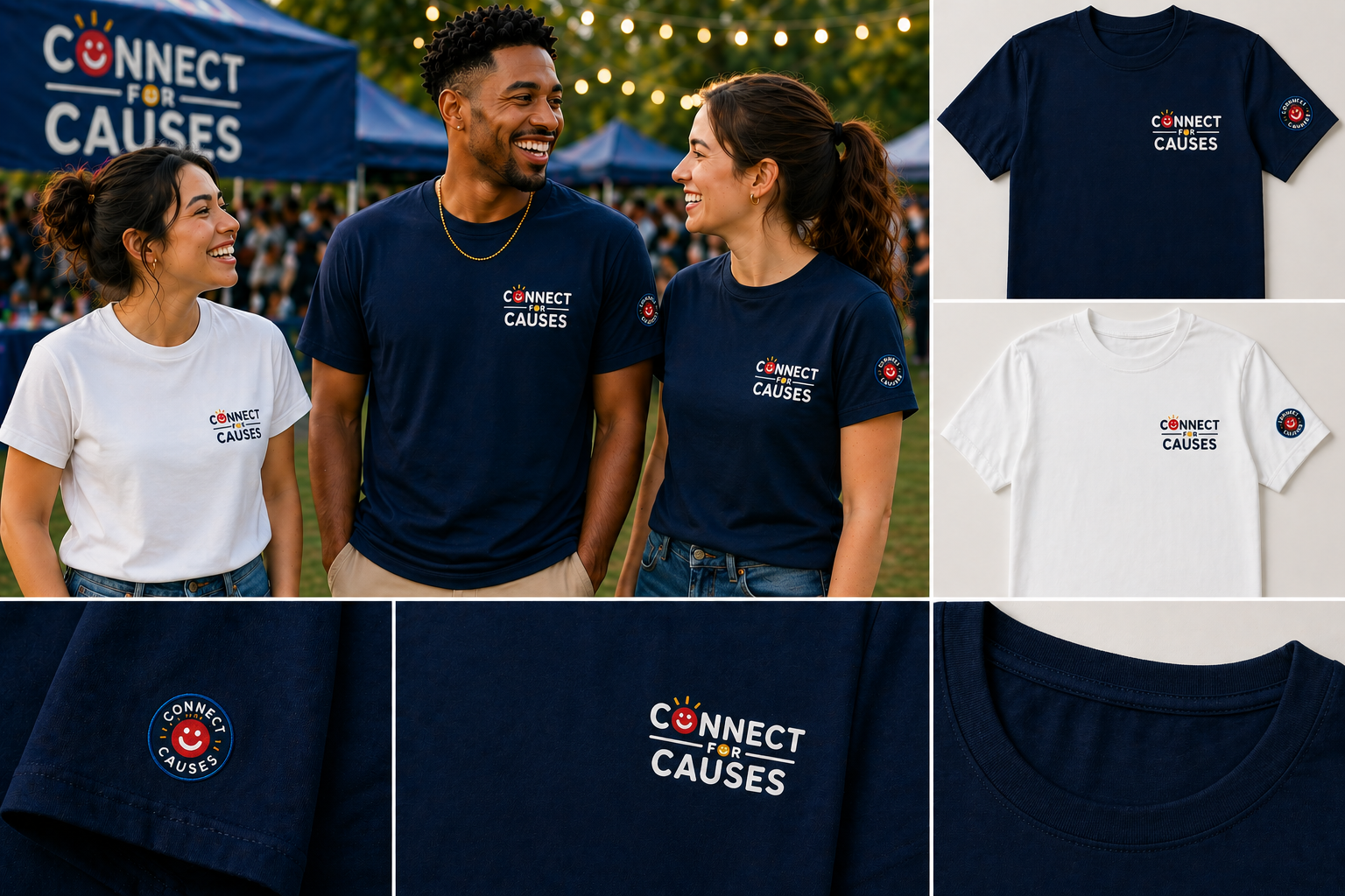 Three people wearing t-shirts with the 'Connect for Causes' logo, standing outdoors at a charity event, with tents and people in the background. The shirts are in navy blue and white, with a smiley face circled in blue on the sleeve.