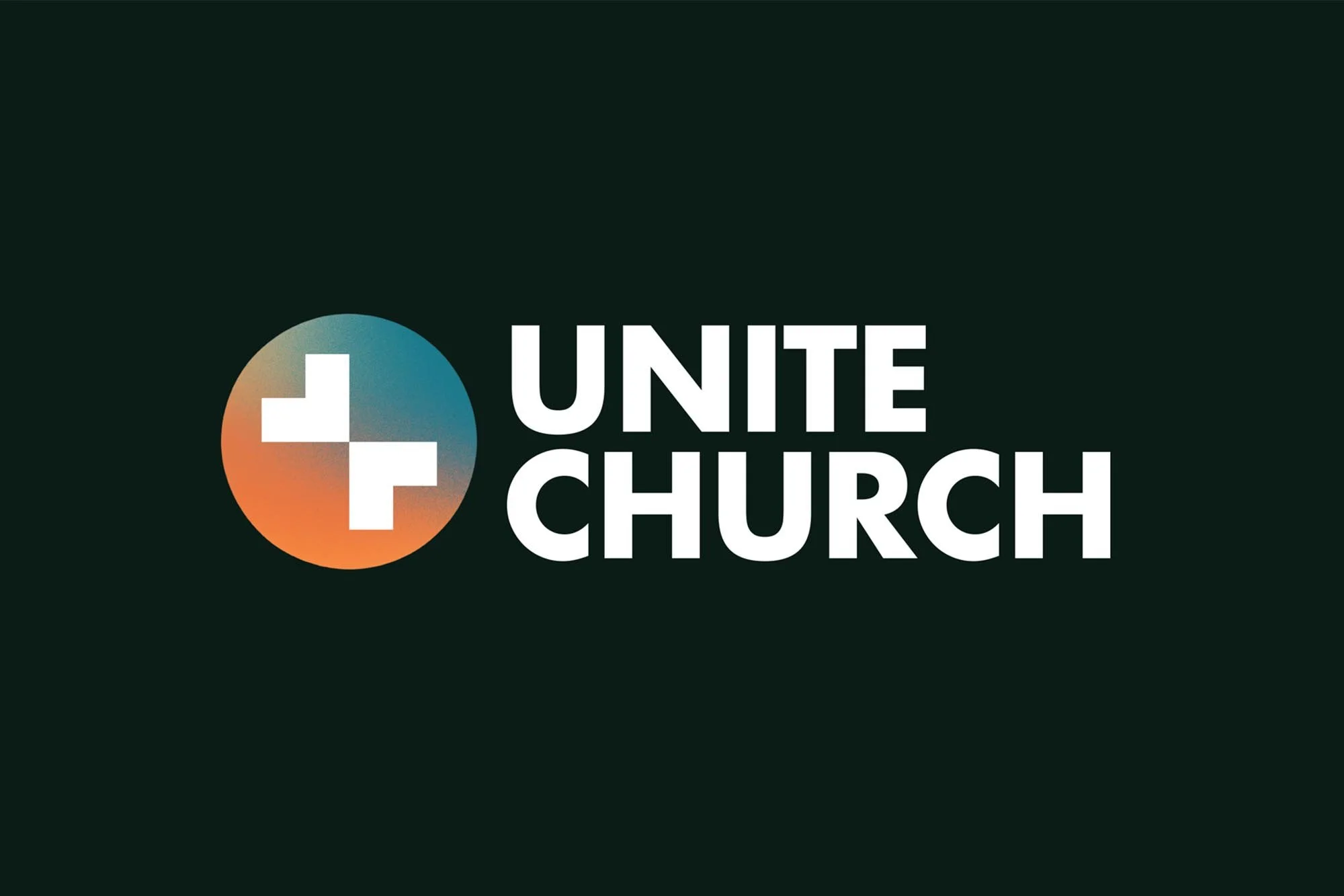 Unite Church logo with a circular symbol containing a white plus sign and a gradient background, adjacent to the text 'Unite Church' in white