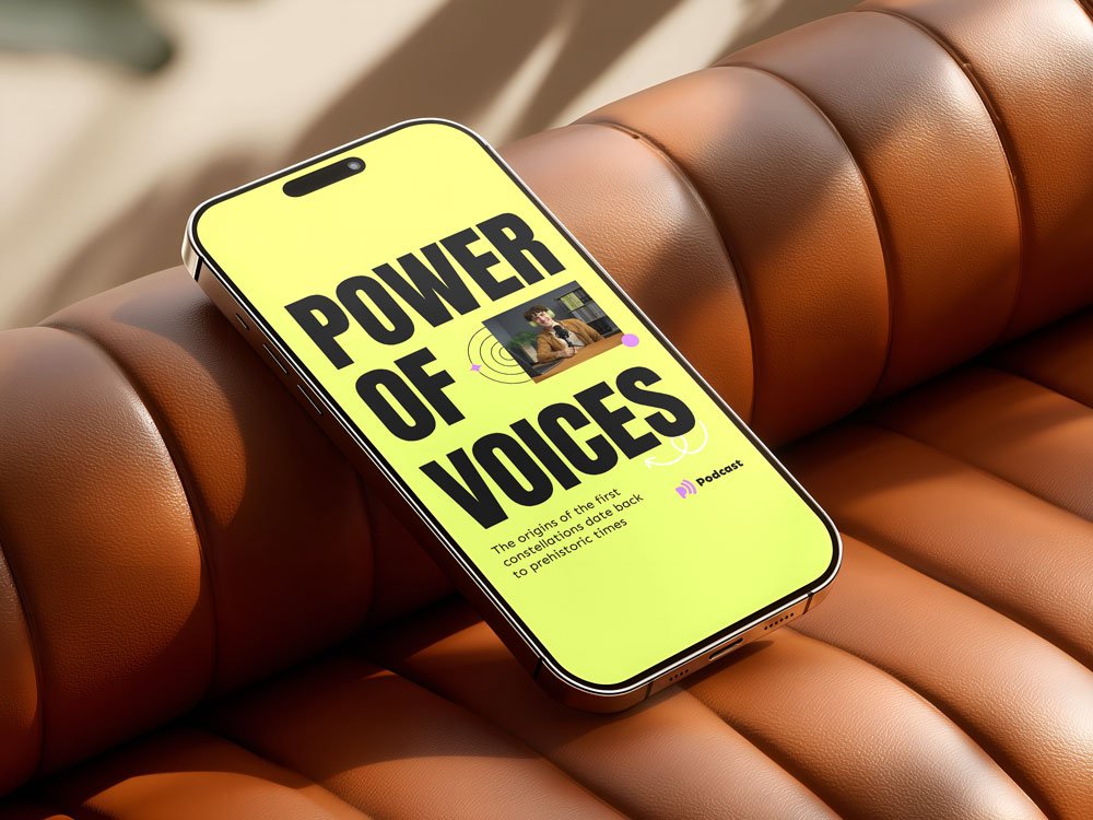 A smartphone with a yellow screen displays the title 'Power of Voices' and the subtitle 'The origins of the first constellations date back to prehistoric times,' resting on a brown leather couch.