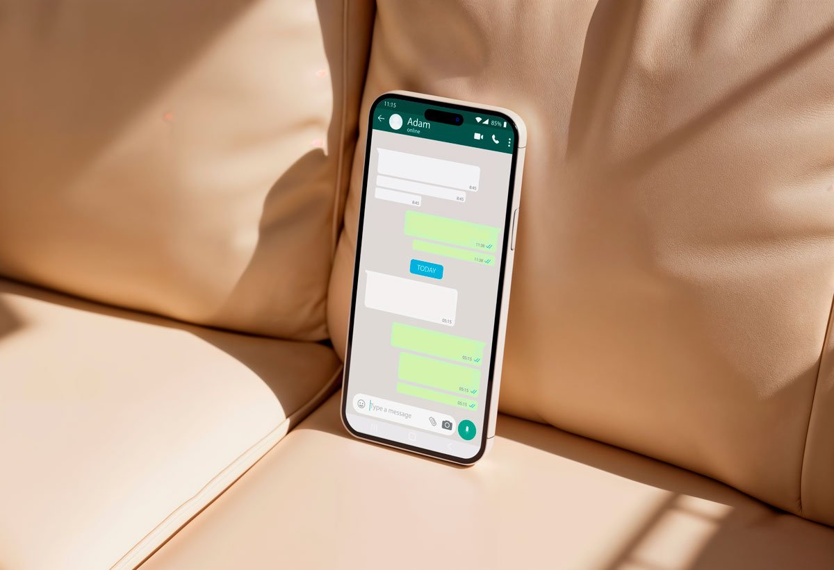 Smartphone resting on beige leather surface displaying a WhatsApp chat with a contact named Adam.