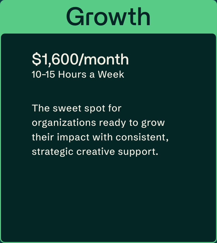 Information card with green and dark background, titled 'Growth'. It details '$1,600/month, 10-15 Hours a Week' and mentions it as the 'sweet spot for organizations ready to grow their impact with strategic creative support.'