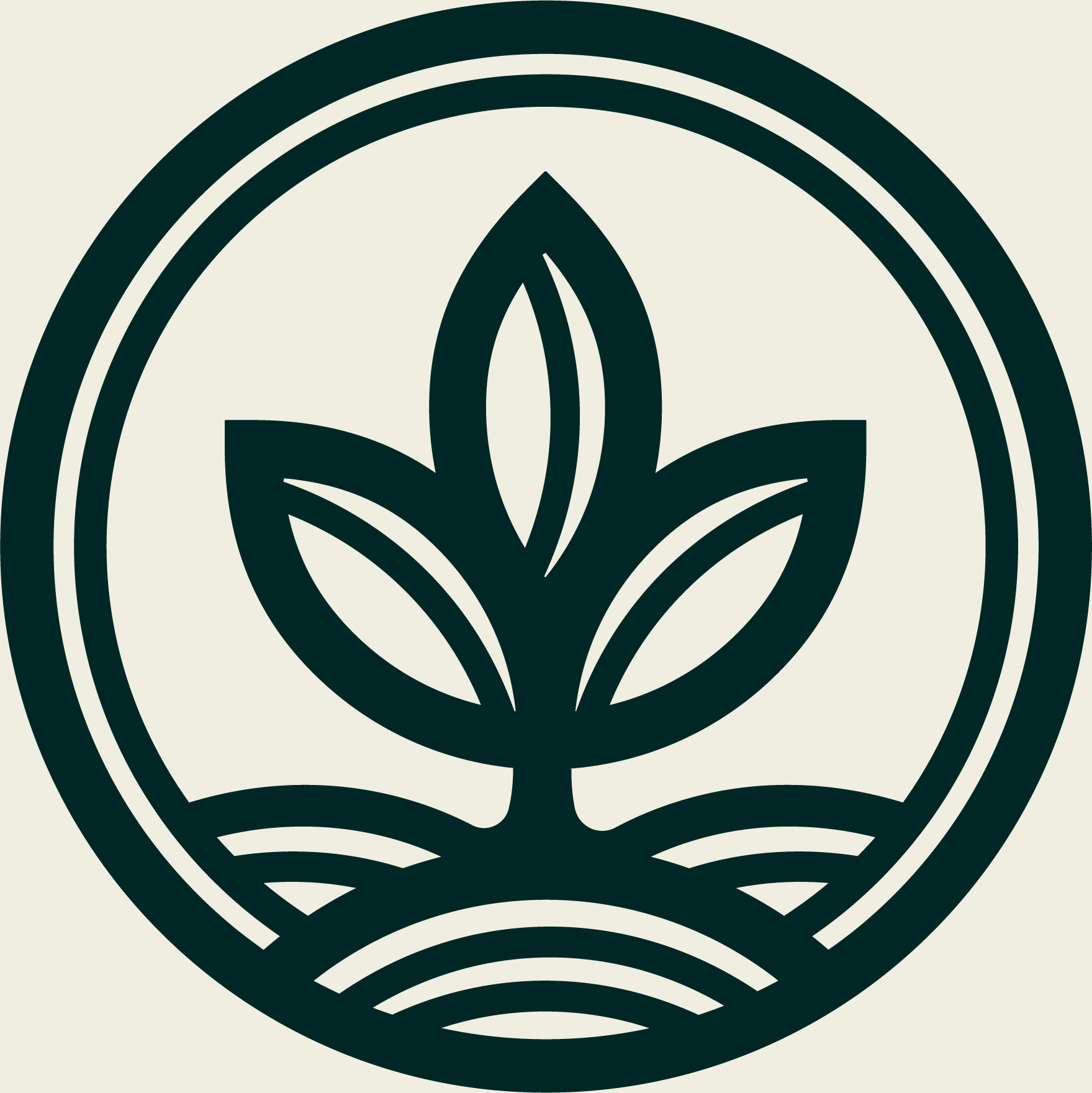 A stylized black graphic logo of a blooming flower with three petals inside a circle, set against a light beige background.