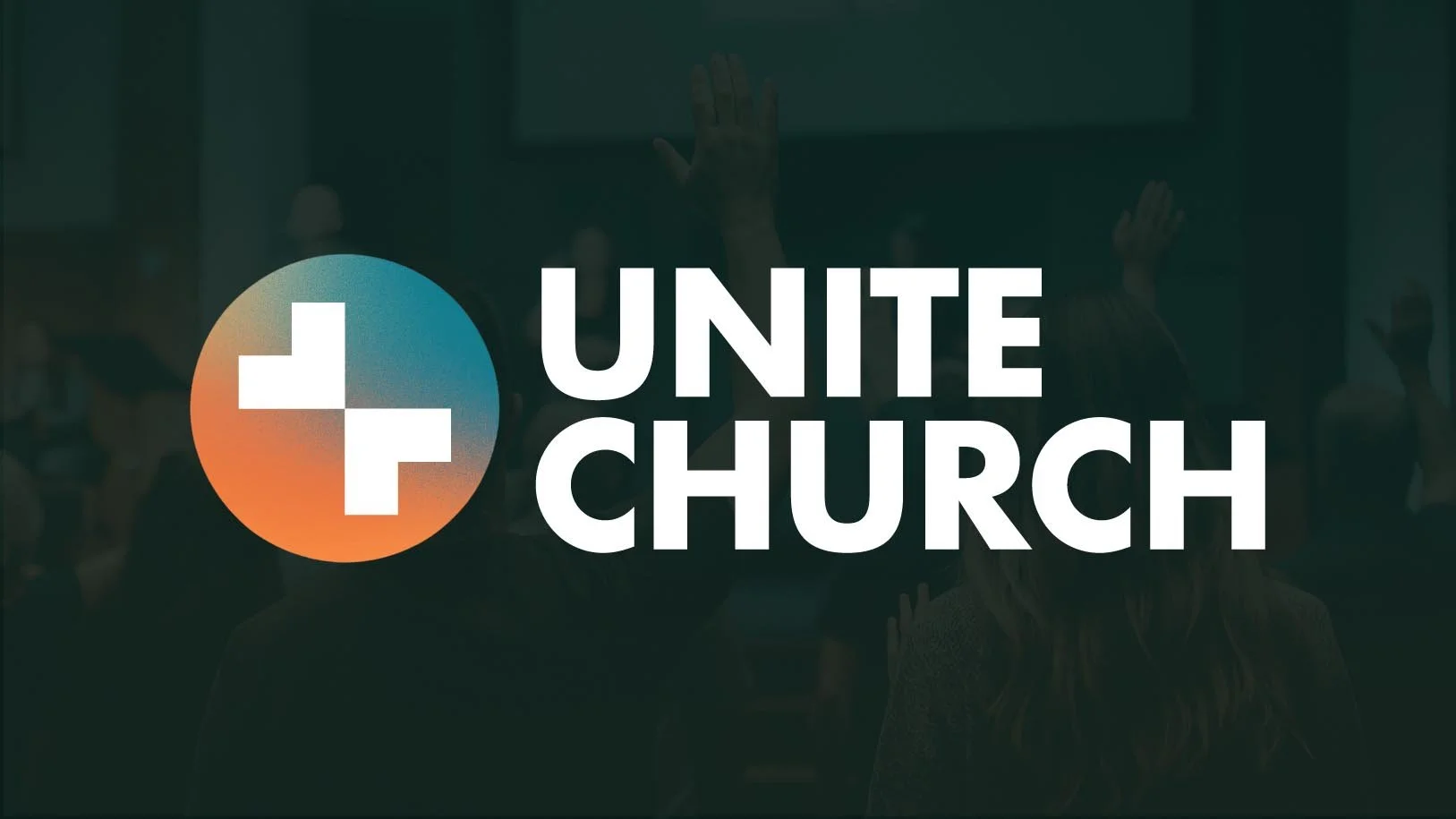 Logo of Unite Church with a circular icon containing a white plus sign with a gradient background, and the text 'Unite Church' on a dark background.