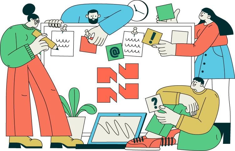 Illustration of four people collaborating around a large whiteboard with various sticky notes and papers attached, using a laptop and holding smartphones, in a colorful and modern office setting.