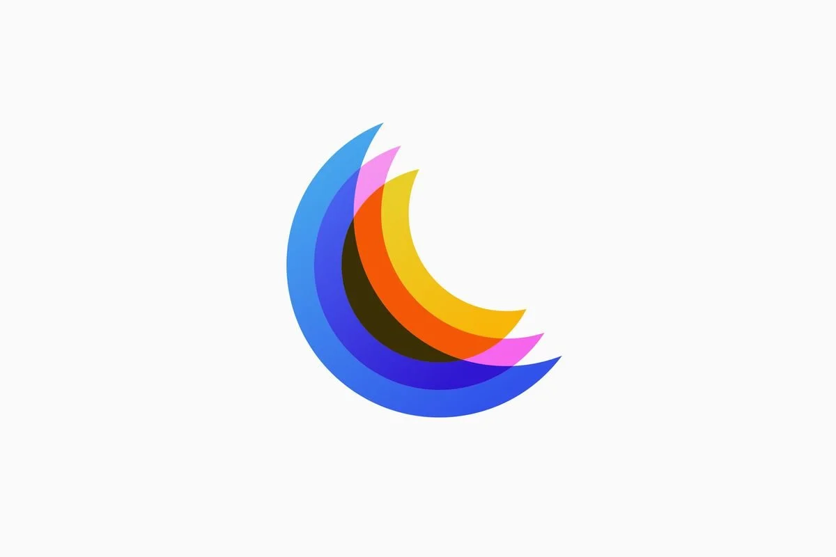 Colorful abstract moon logo with overlapping crescent shapes in blue, pink, yellow, orange, and black on a white background.