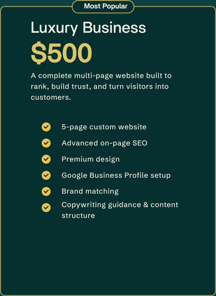 Advertisement for luxury business website package priced at $500, includes 5-page custom website, on-page SEO, premium design, Google Business Profile setup, brand matching, and copywriting guidance.