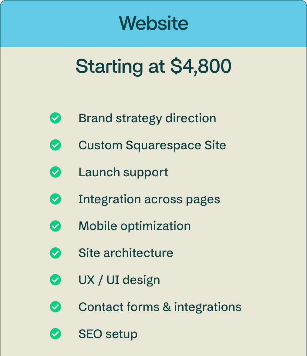 A promotional graphic listing website services and features with a starting price of $4,800. The features include brand strategy, custom Squarespace site, launch support, page integration, mobile optimization, site architecture, UX/UI design, contact forms, and SEO setup.