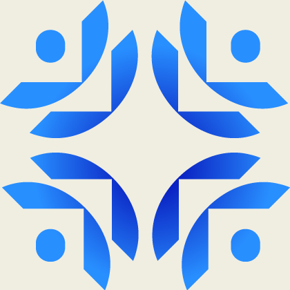 A symmetric abstract pattern with blue shapes on a light background, resembling stylized human figures or floral motifs.