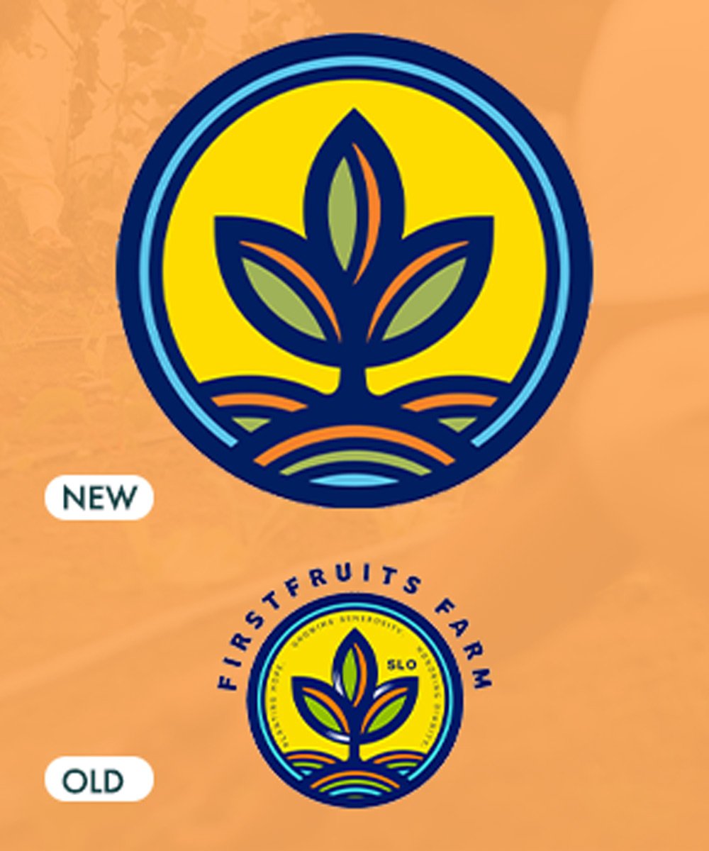 Comparison of two logo designs for First Fruits Farm, showing a stylized plant with leaves in a yellow circle, with the newer version larger and more modern, and the older version smaller with text around the circle.