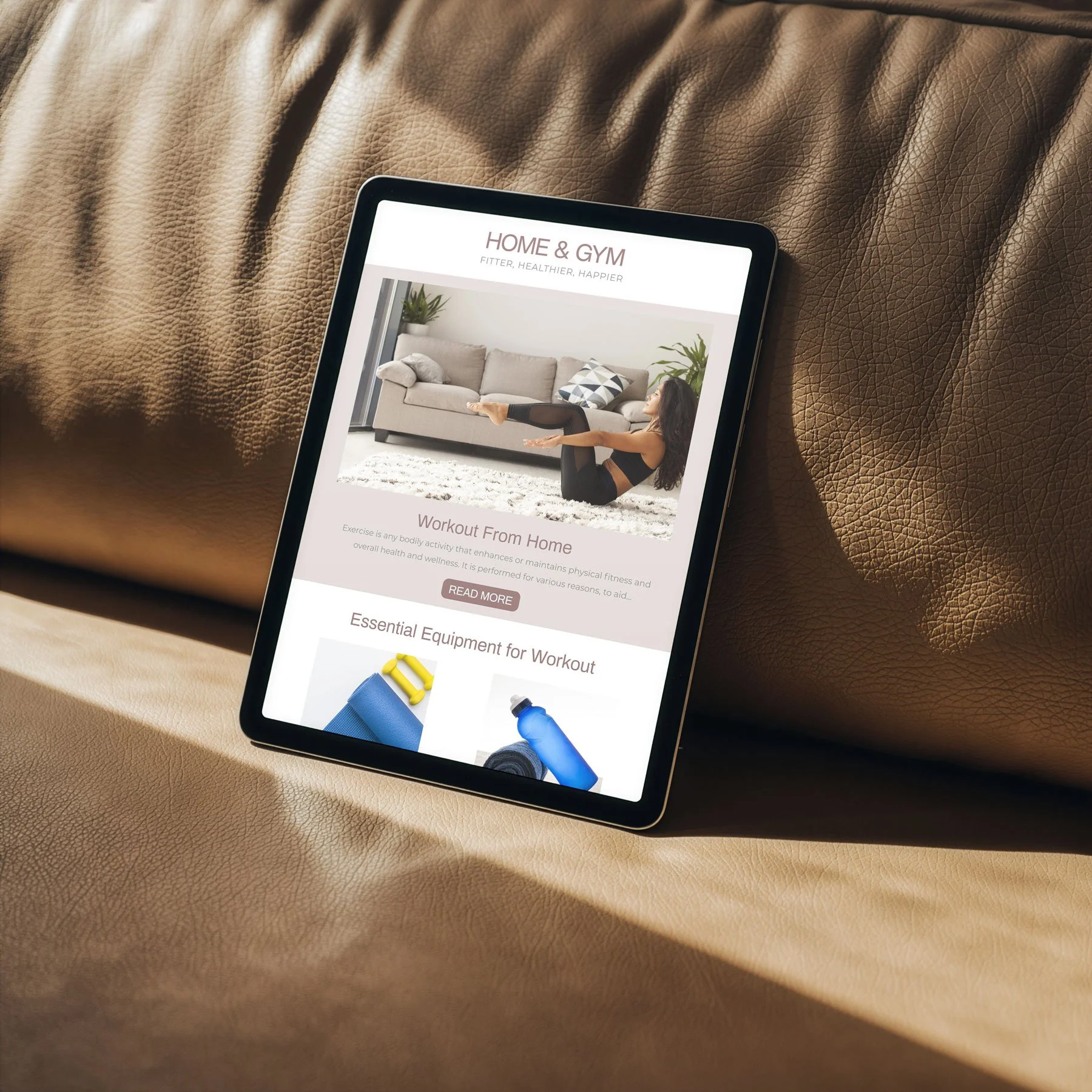 Tablet displaying a fitness website with a woman doing a sit-up exercise in a living room.