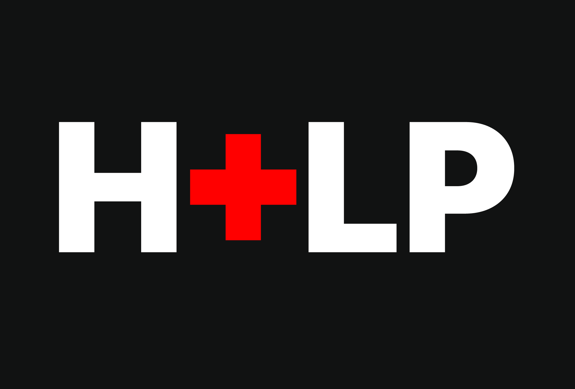 Black background with the word 'HELP' in large white letters, with a red cross replacing the letter 'E'.