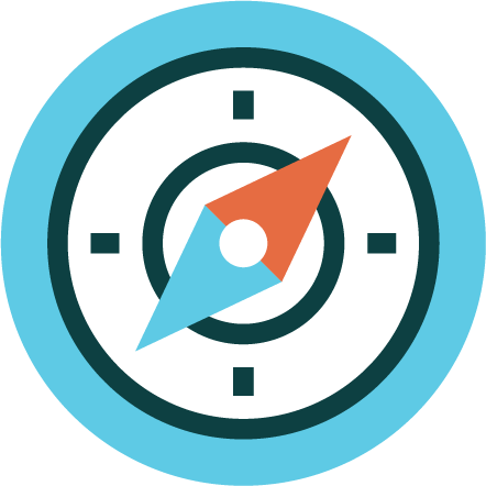 A circular compass with a blue border, black background, and orange and blue needle indicators.