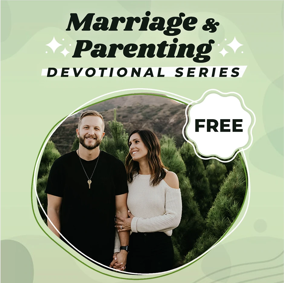Promotion for a free Marriage & Parenting devotional series featuring a photo of a smiling couple outdoors, with a green background and decorative text.