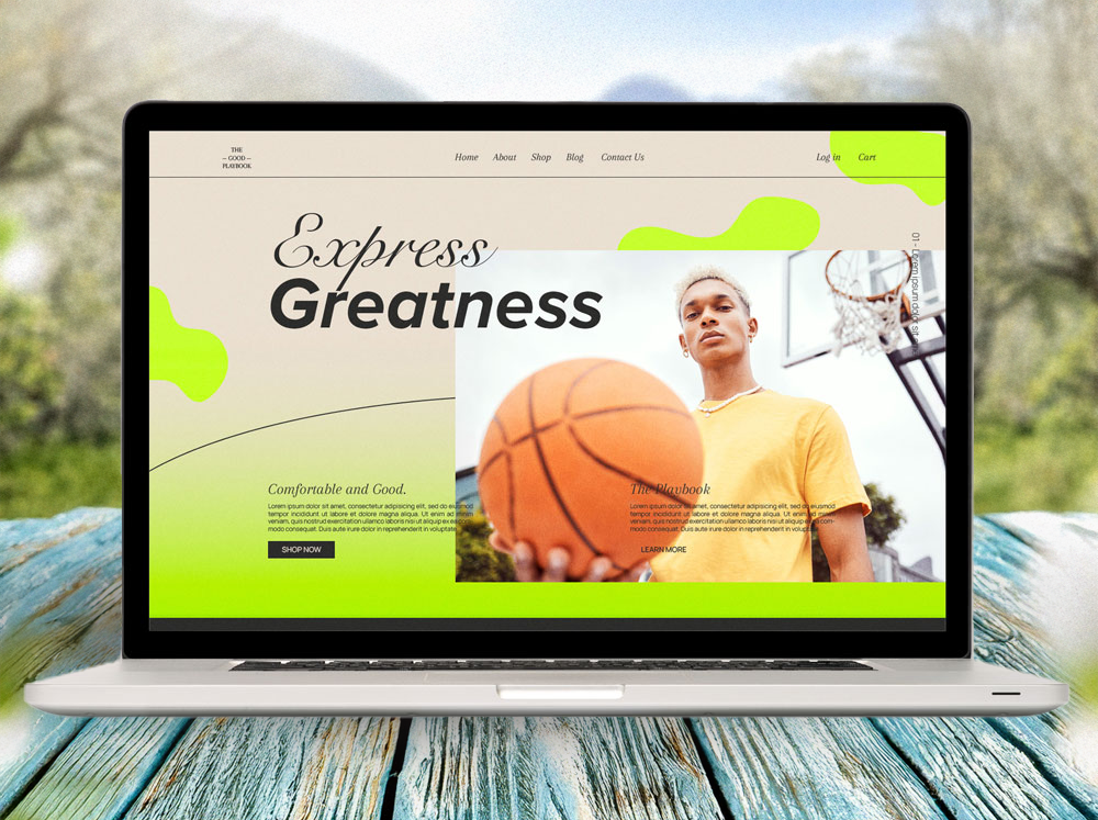 Laptop displaying a website with the text "Express Greatness" and a photo of a person holding a basketball on an outdoor court.