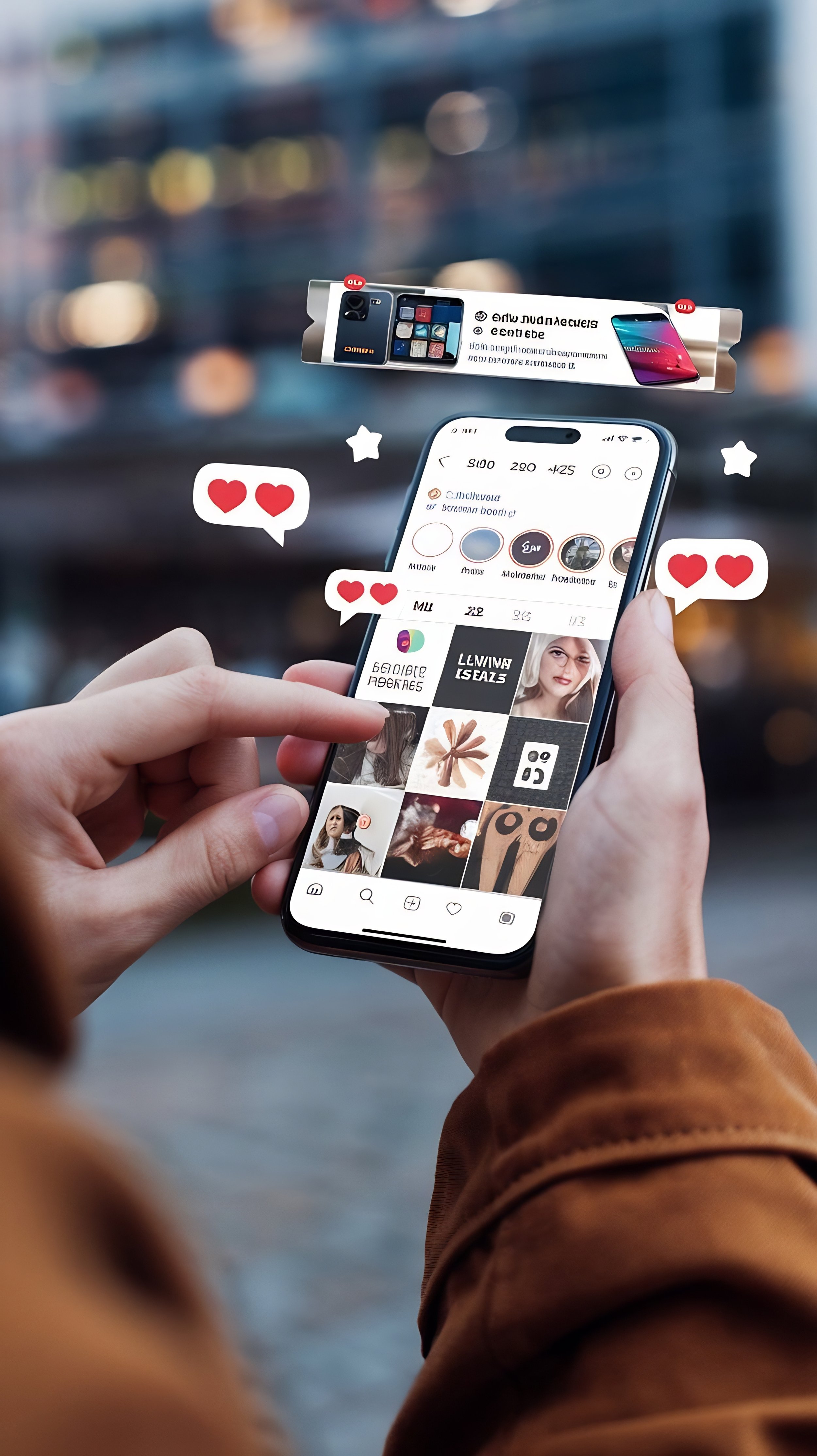 A person using a smartphone to browse an Instagram profile with floating icons of hearts and a floating advertisement banner above.