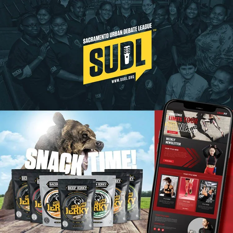 The image is divided into two sections. The top section shows a group of diverse smiling women and girls posing together, with a logo in the center that reads 'Sacramento Urban Debate League' and 'SUDL' in bold yellow and black letters. The bottom section features a close-up of a snarling lion with a blue sky background, a row of beef jerky packages labeled 'Get Some Jerky,' and a smartphone displaying a fitness website with images of women exercising.
