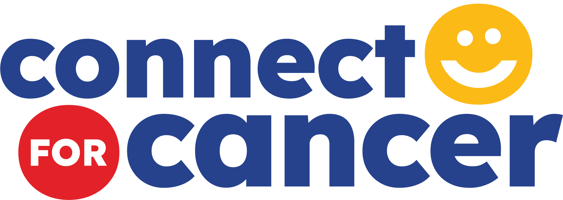 The logo of 'Connect for Cancer' with bold blue text, a yellow smiley face, and a red circle with 'FOR' written inside.