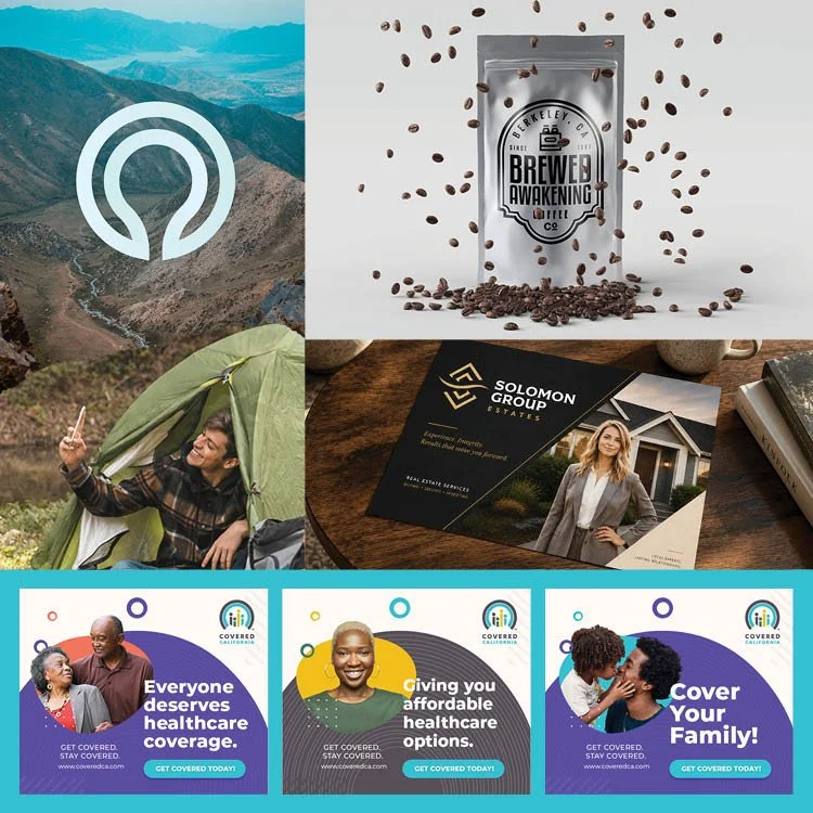 A collage of five images: a mountain landscape with a logo, a bag of coffee beans, a woman in a business suit on a brochure, a smiling person in a tent outdoors, and three healthcare flyers.