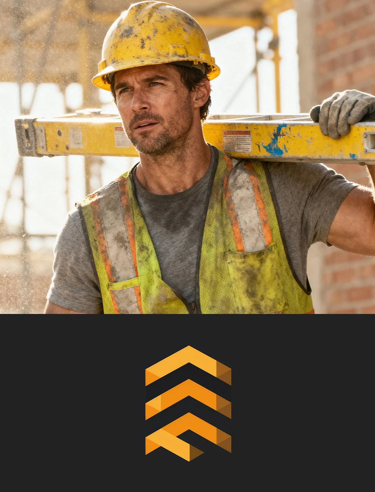 A construction worker with a yellow hard hat and reflective vest carrying a ladder on his shoulder, working at a building site with a brick wall in the background.