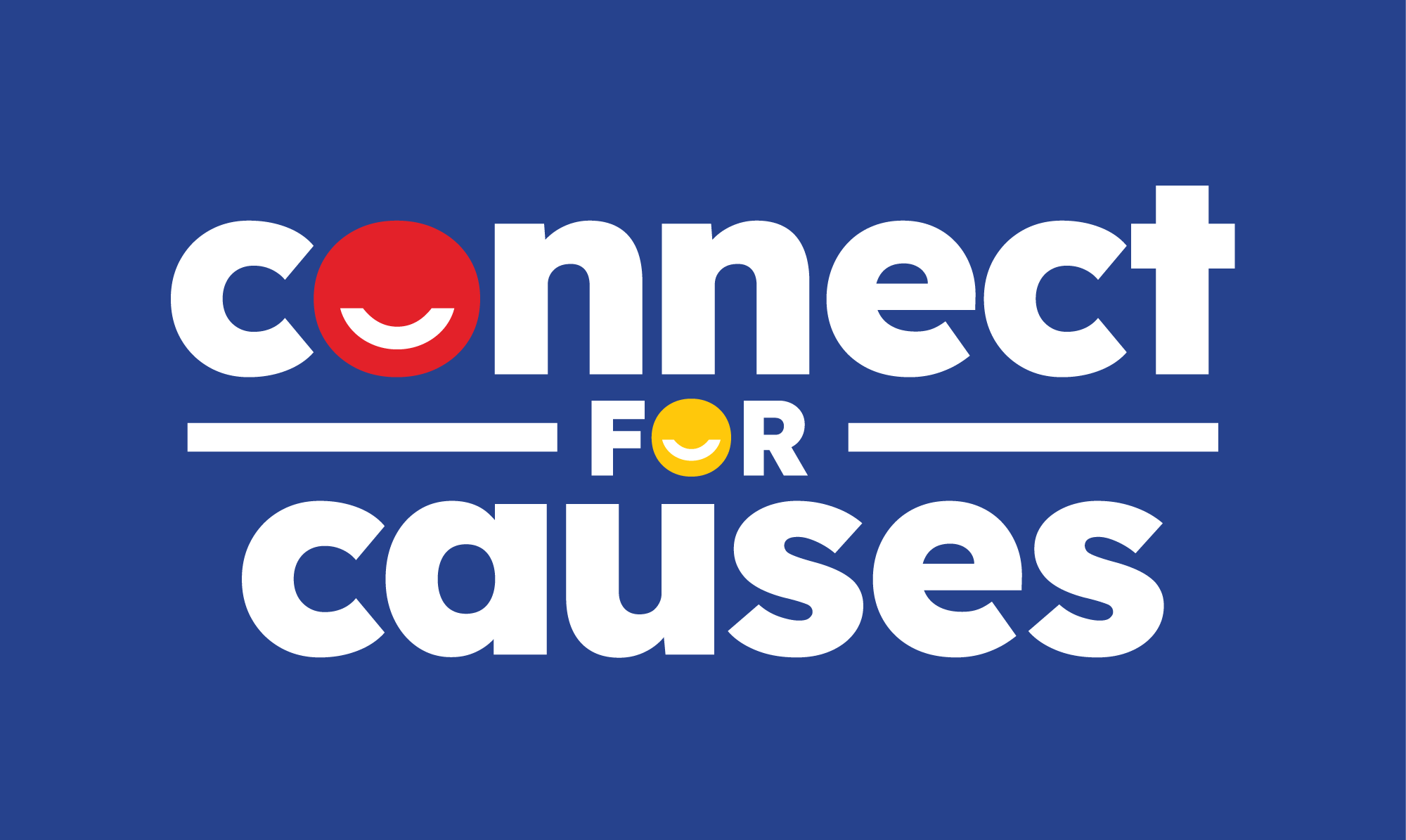 Graphic with the phrase 'Connect for Causes' on a blue background. The word 'connect' has a red smiling face as the o, and the word 'causes' has a yellow smiling face as the a, with white lines underneath 'for'.