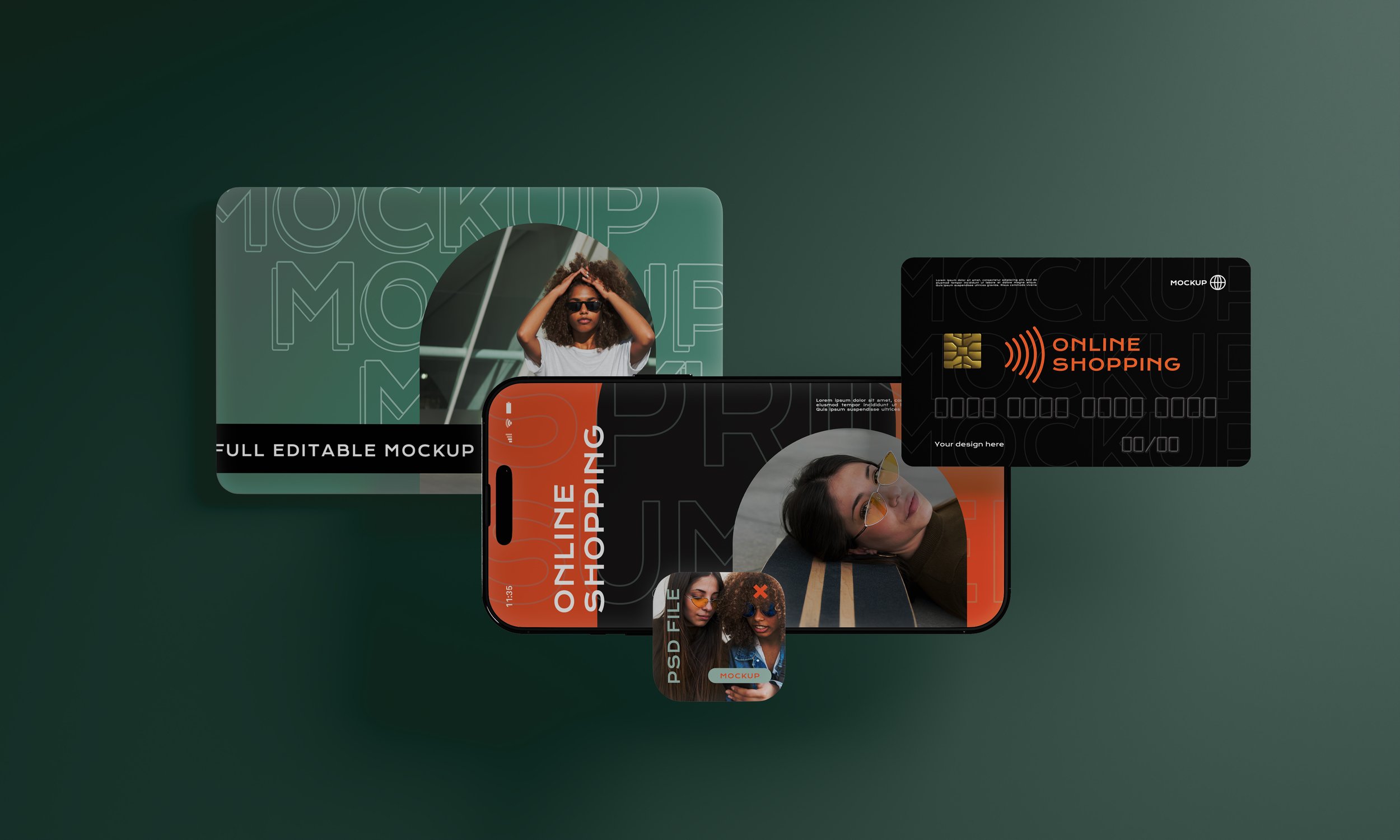 Mockups of mobile phones and credit cards, showcasing online shopping and fashion photos, on a green background.