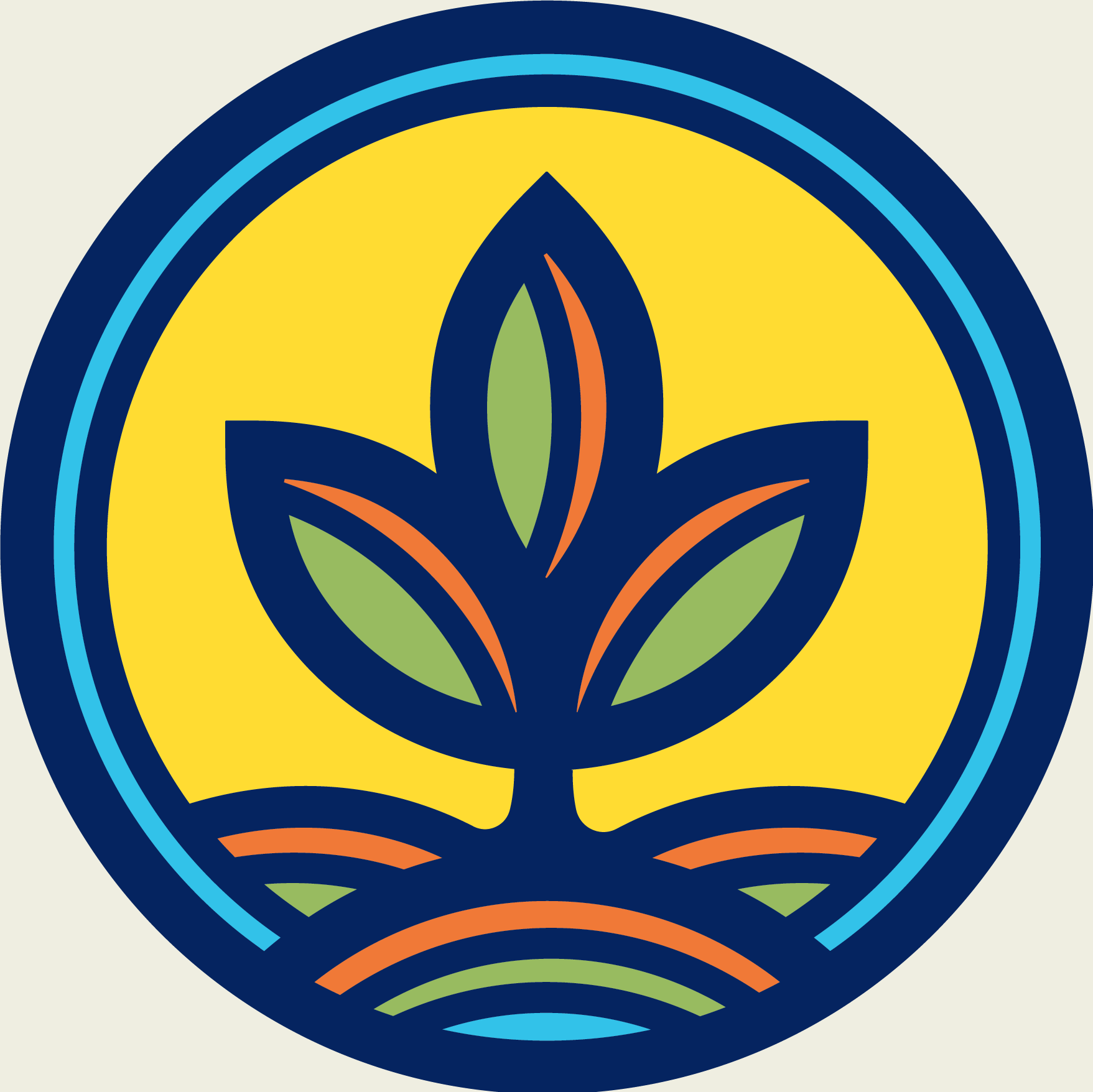 A circular, colorful, abstract geometric design featuring layered, segmented shapes in blue, green, orange, and yellow, resembling a stylized flower or emblem.