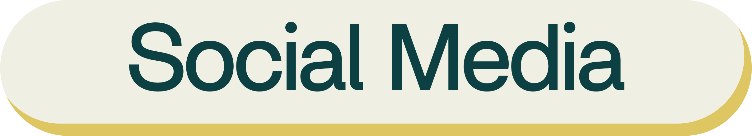 Button with rounded edges and text that reads 'Social Media' in dark green font on a cream background with a gold outline.