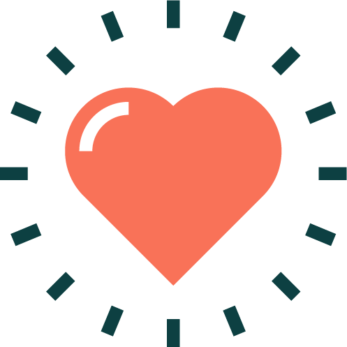 Icon of a heart with a reflective shine, surrounded by a dashed circle.
