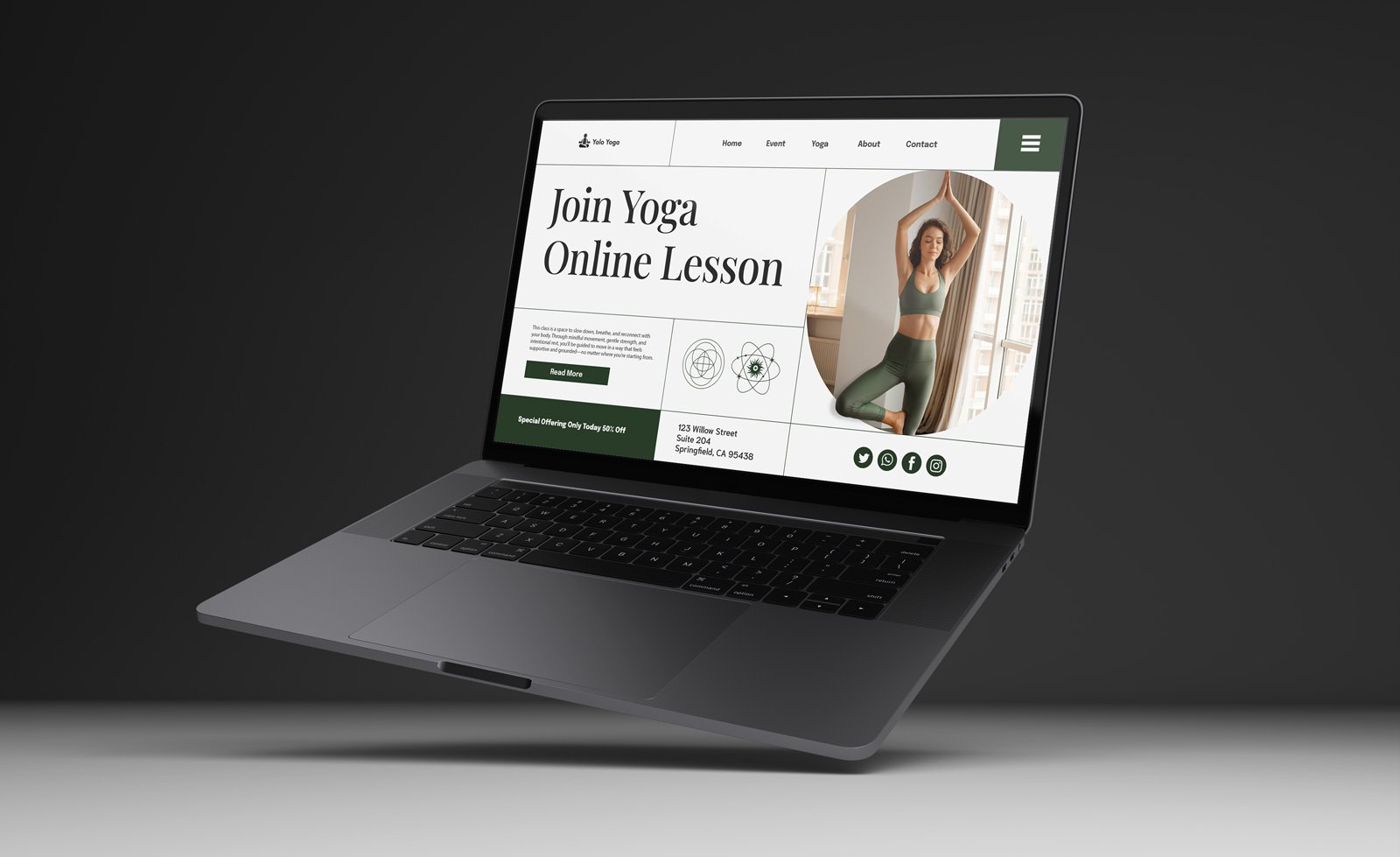 A laptop displaying a yoga studio's website promoting online yoga classes with a woman in a yoga pose, text about joining online lessons, and social media icons.