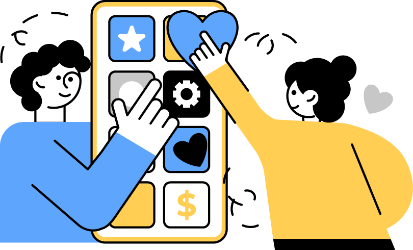 Two cartoon characters interact with a large mobile device screen displaying various icons like a star, gear, heart, and dollar sign, with hearts floating nearby, symbolizing social media engagement or online activity.