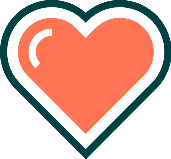 A stylized heart icon with a black outline, coral filling, and a white reflection highlight on the upper left side.