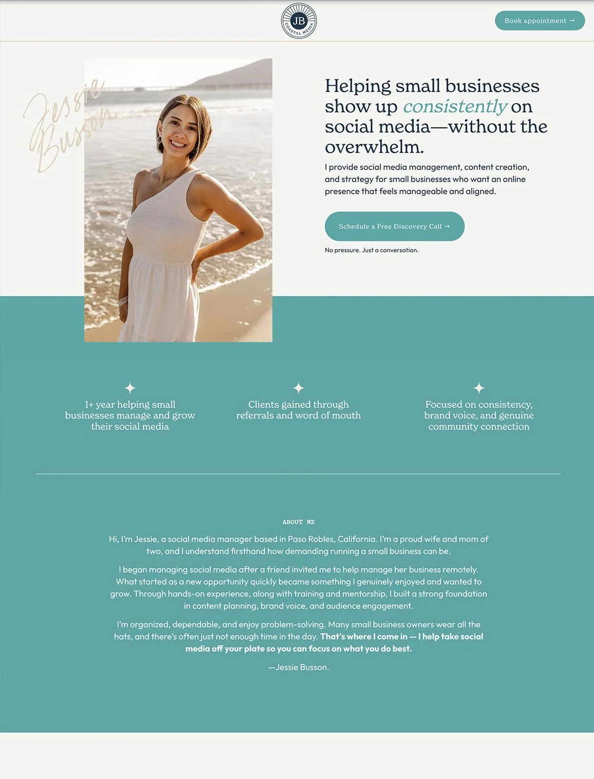 Webpage for Jessie Bussom, a social media manager, featuring a photo of Jessie smiling at the beach, along with information about her services, experience, and a contact button.