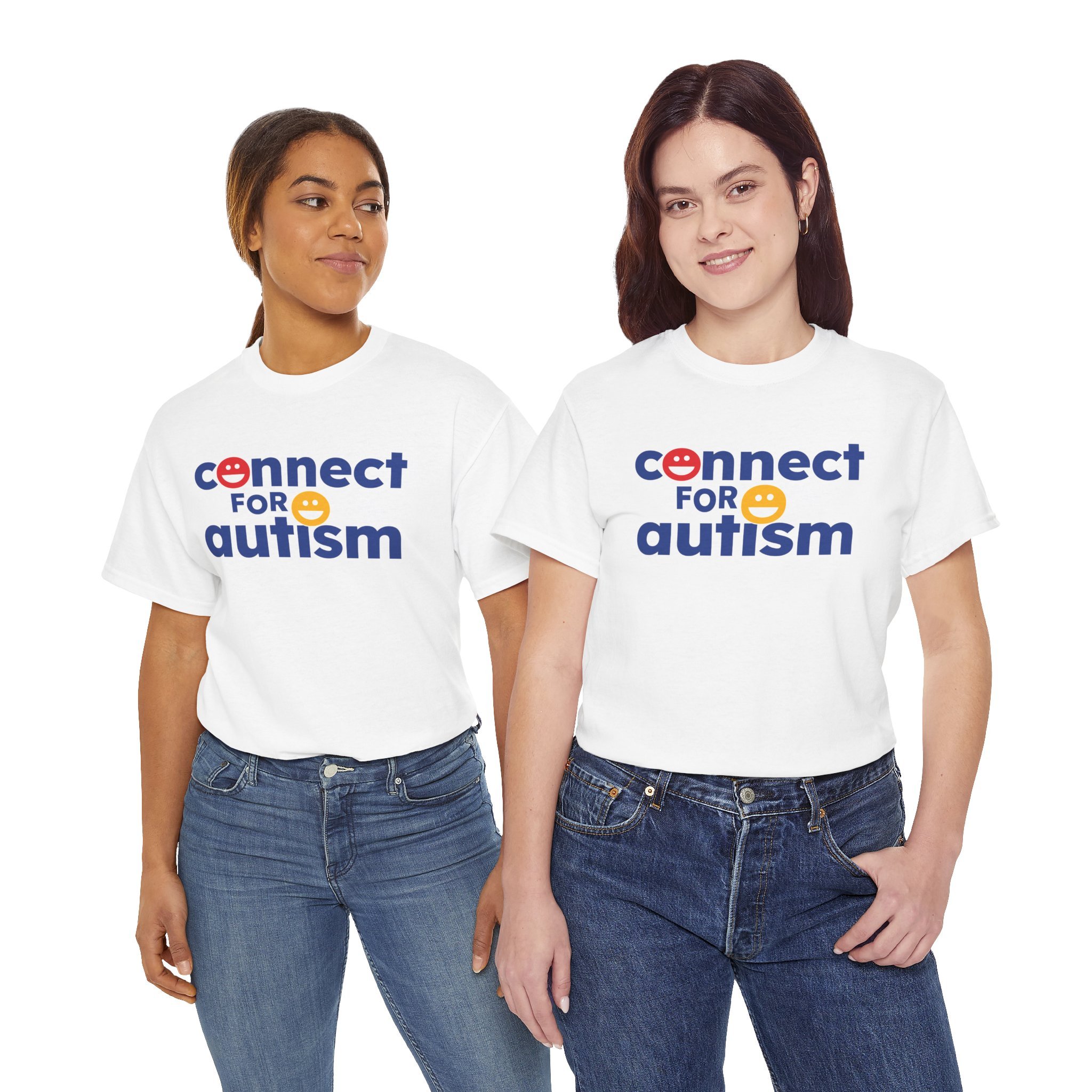 Two women wearing white T-shirts with the text 'connect for autism' and smiley faces, standing against a white background.