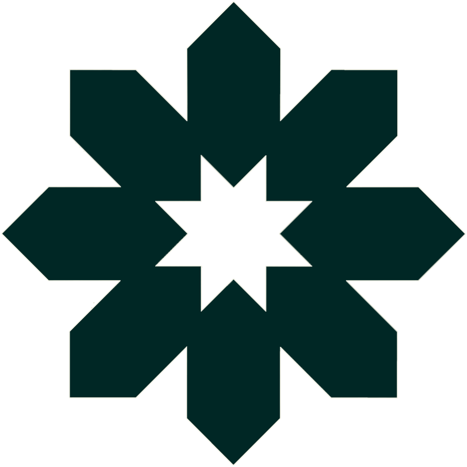 A geometric snowflake pattern with multiple symmetric star shapes in black and dark green colors.