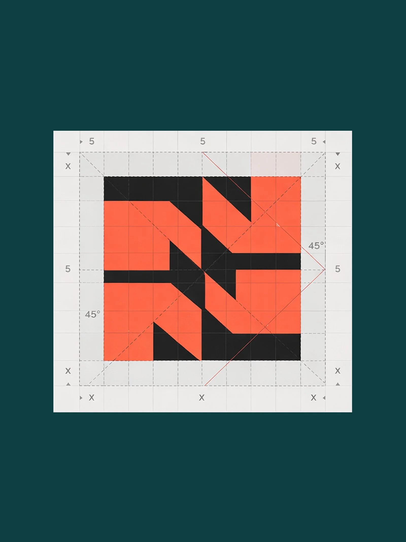 Abstract geometric art with orange and black shapes on graph paper background and grid lines.