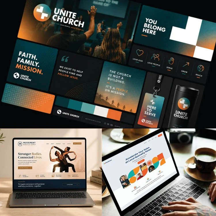 Collection of digital screens displaying various websites and promotional materials for different organizations, including Unite Church, a fitness or health organization, and a sales platform, with people working on laptops and cups of coffee nearby.