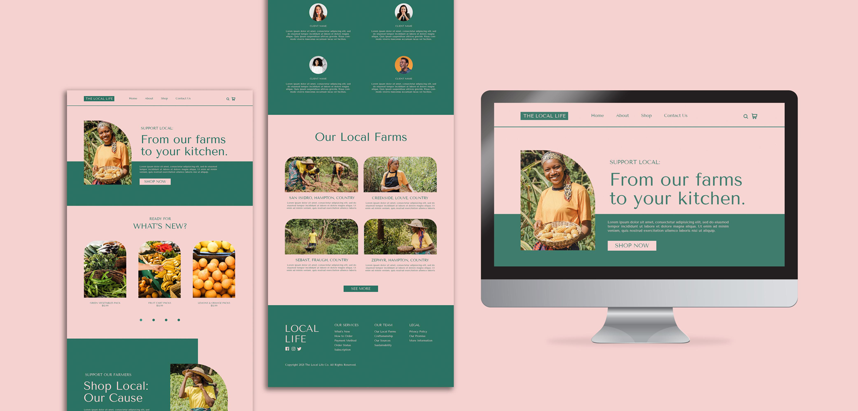 A digital mockup of a website for a local farm business. The website features a pink background with green accents, images of smiling women and farm scenes, and sections about local farms, products, and services.