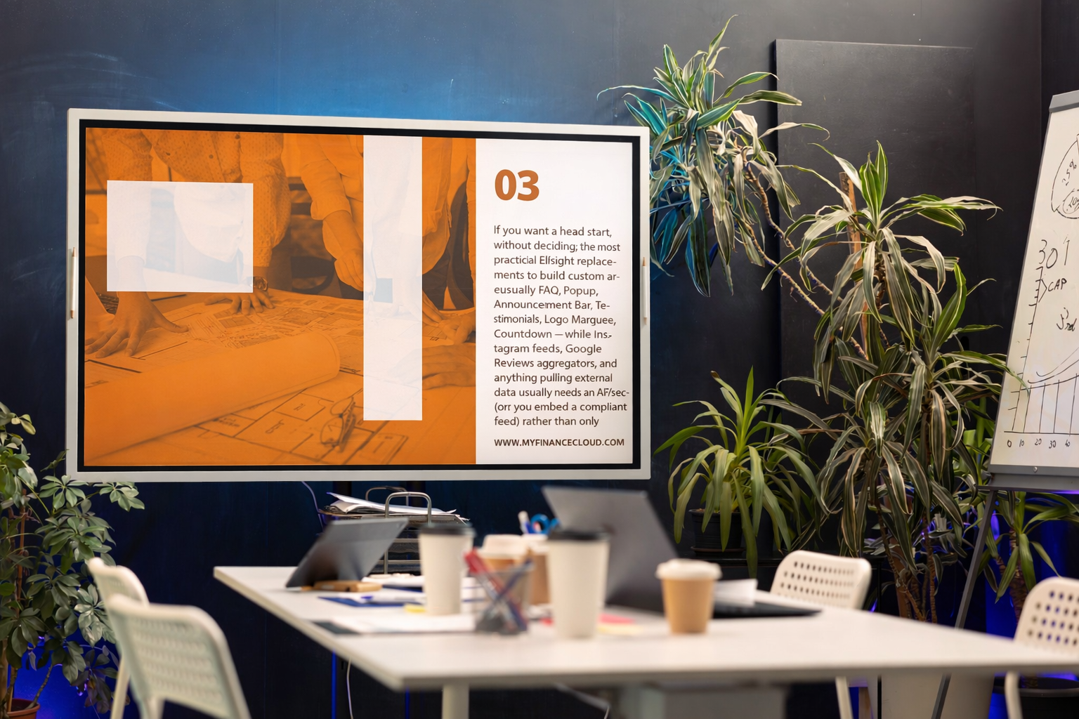Office conference room with a large presentation poster, potted plants, and a whiteboard with graphs. Conference table with coffee cups, a laptop, and office supplies.