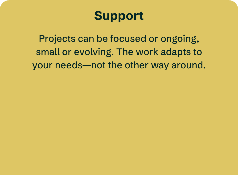 Support message on a yellow background explaining that projects can be focused or ongoing and adapt to needs.