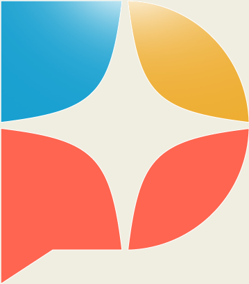 Abstract geometric design with four curved shapes in blue, yellow, red, and coral arranged in a square pattern.