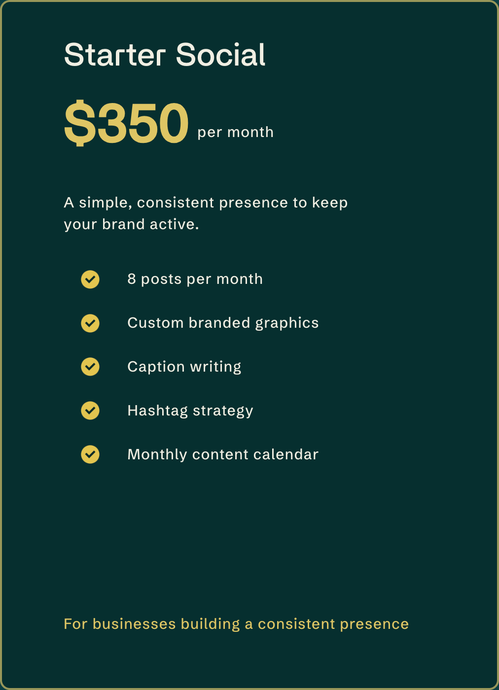 Pricing plan for Starter Social at $350 per month, offering 8 posts, custom branded graphics, caption writing, hashtag strategy, and a monthly content calendar, aimed at building a consistent online presence for businesses.