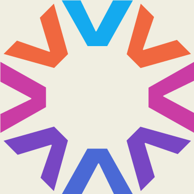 Colorful geometric starburst pattern with orange, blue, purple, and pink shapes on a light background.