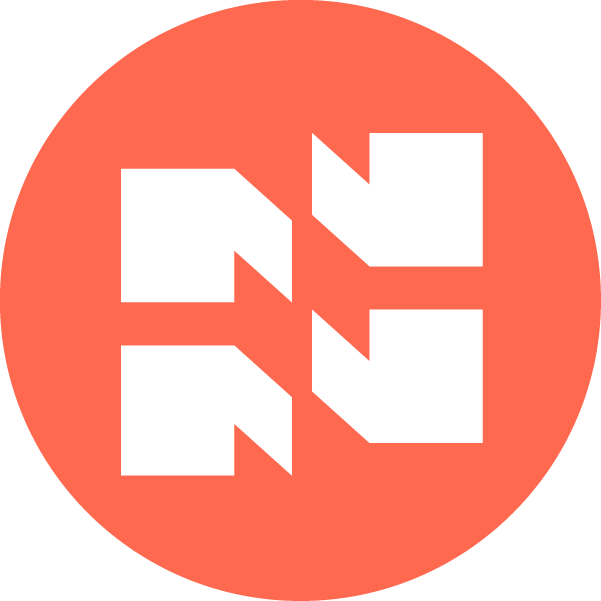 A circular red background with a white geometric pattern resembling a stylized 'N' and 'E' or 'Z' shapes.