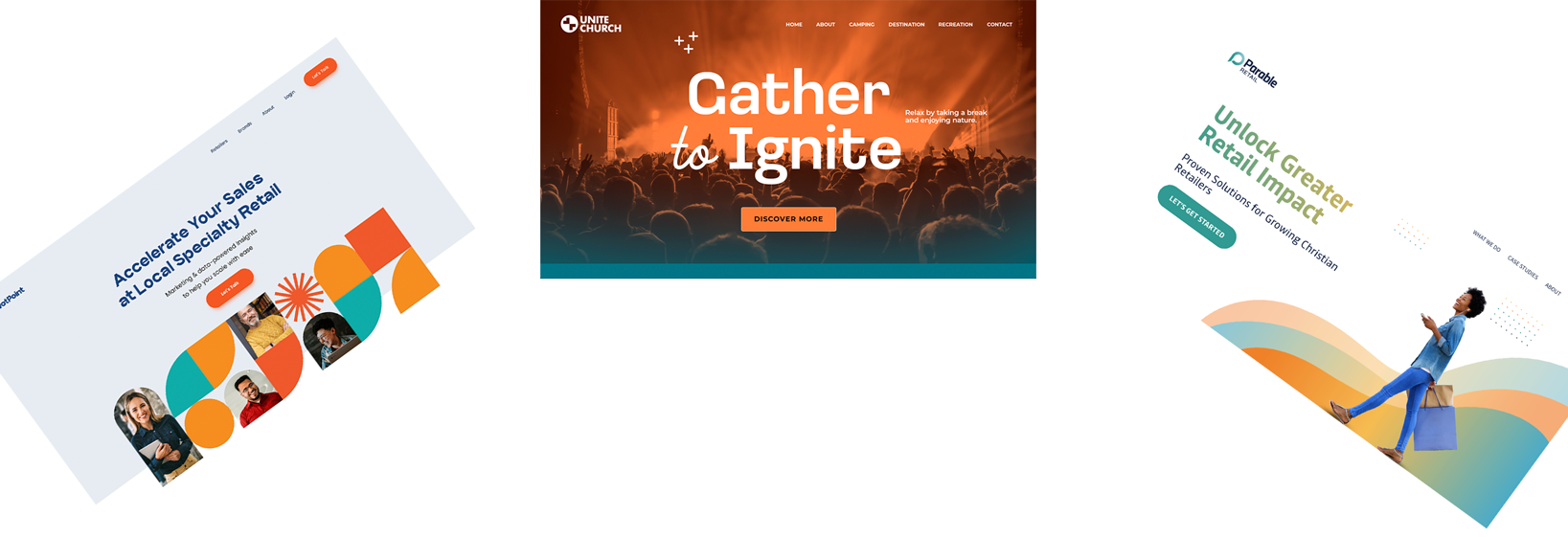 Three overlapping website homepage mockups with vibrant colors and graphics. The central one features a concert scene with the text "Gather to Ignite" and a "Discover More" button. The left mockup promotes local sales at specialty retail, showing images of diverse people and geometric shapes. The right mockup offers solutions for growing Christian retail impact, with a woman sitting on a book and shopping bags.