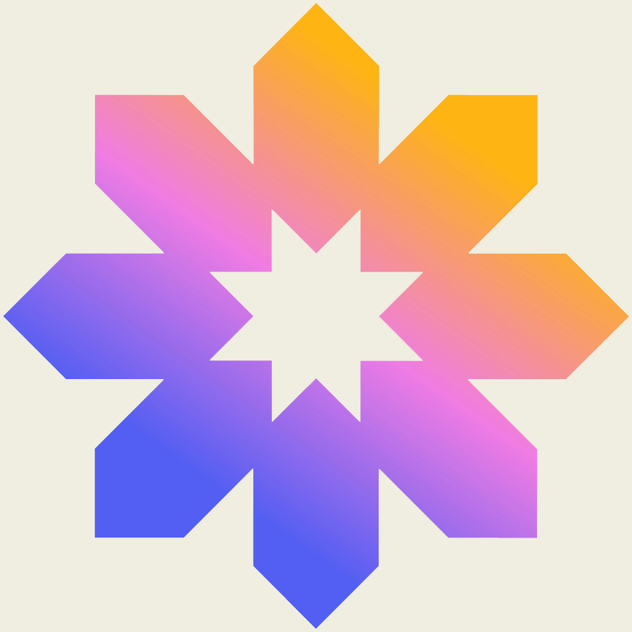 A geometric star-like design with eight points, featuring a gradient color scheme transitioning from pink and orange to purple and blue on a light beige background.