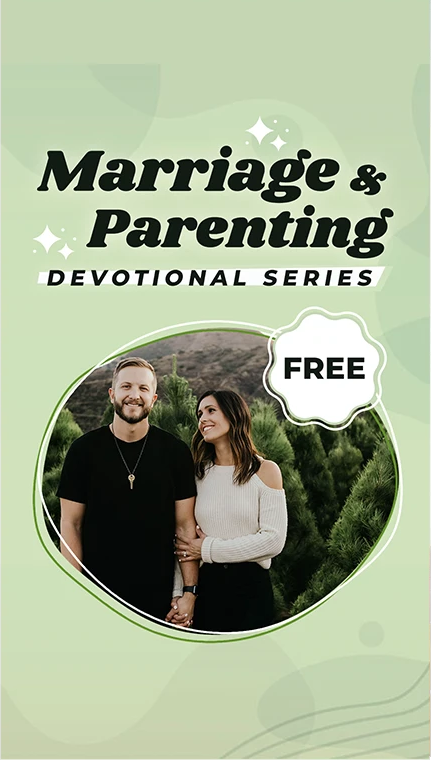 Promotional flyer for a free marriage and parenting devotional series featuring a smiling couple outdoors with trees in the background.